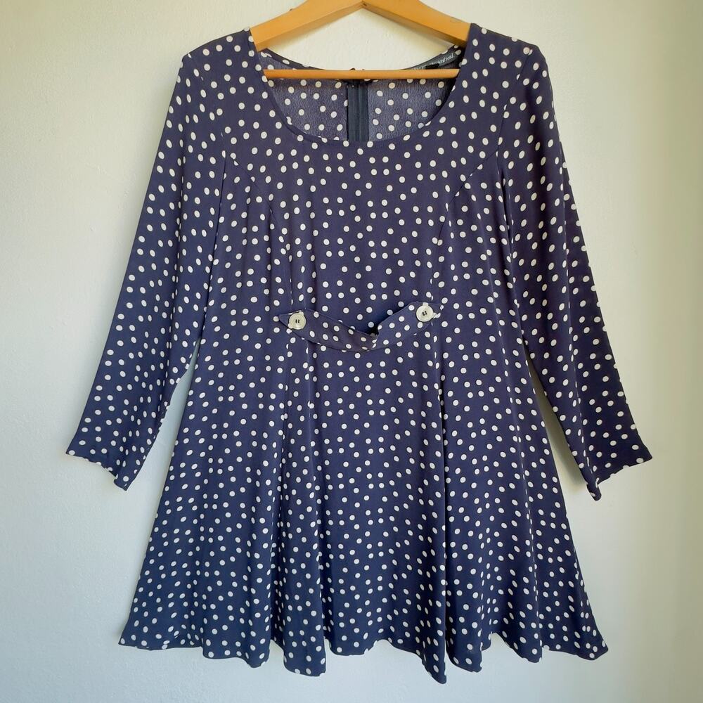 Vintage Betsey Johnson Polka Dot  Mini Dress. Navy White Long Sleeve A Line Sz M